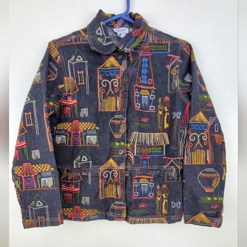Graff Embroidered Black Denim Jacket Bold Colorful Scenic Stitching Size Small